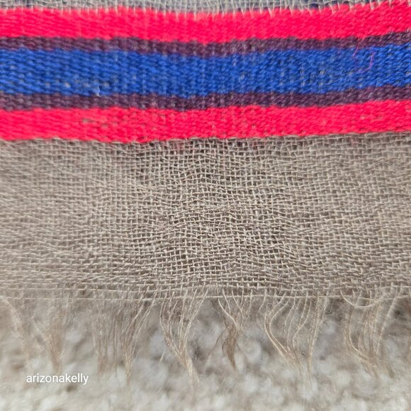 NWOT Wool Lightweight Woven Scarf Wrap Tan With Blue & Red Stripes - Picture 5 of 9